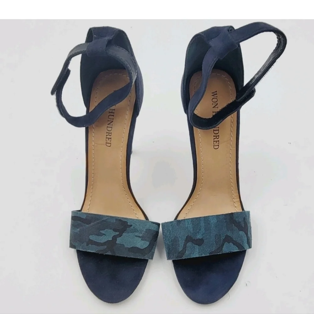 Won Hundred Blue Camo Ankle Strap Peep Toe Stiletto Heel Pumps Size 38 / US 8